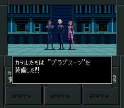 1girl 2boys arms_at_sides arms_behind_back black_bodysuit blue_bodysuit bodysuit brown_hair commentary_request dialogue_box evangelion:_2.0_you_can_(not)_advance fake_screenshot full_body gameplay_mechanics grey_hair hair_ornament hand_on_own_hip interface_headset_(evangelion) long_hair looking_afar looking_at_viewer looking_to_the_side makinami_mari_illustrious mecha_pilot_suit multiple_boys nagisa_kaworu neon_genesis_evangelion parody pink_bodysuit pixel_art plugsuit_(evangelion) ponytail rebuild_of_evangelion red_eyes shin_megami_tensei shin_megami_tensei_ii standing style_parody suzuhara_touji tile_floor tiles translated yg
