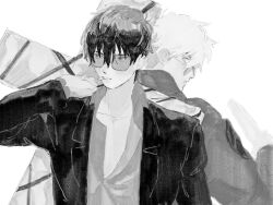 2boys banne_pun black_hair black_jacket blonde_hair cigarette coat collared_shirt cross glasses highres jacket looking_at_another looking_back male_focus monochrome multiple_boys nicholas_d._wolfwood open_clothes open_shirt round_eyewear shirt short_hair sketch smoking suit_jacket trigun trigun_stampede undercut upper_body vash_the_stampede