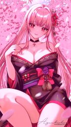 1girl absurdres azuukichan bow breasts cleavage closed_mouth commentary english_commentary fingernails flower hair_flower hair_ornament hand_up highres hololive hololive_english japanese_clothes kimono large_breasts light_blush long_hair looking_at_viewer mori_calliope nail_polish obi pink_hair purple_flower purple_kimono purple_sash red_bow red_eyes red_flower red_nails sash signature smile solo star_(symbol) tassel very_long_hair virtual_youtuber