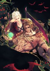 2boys asahi_(baiyameng) astarion baldur&#039;s_gate baldur&#039;s_gate_3 brown_hair dungeons_&amp;_dragons dungeons_&amp;_dragons fingernails halsin highres long_fingernails long_hair multiple_boys muscular muscular_male orb short_hair tattoo vampire white_hair yaoi