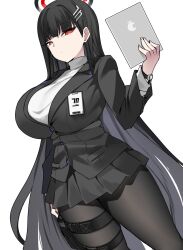 1girl bebebe_(pepegakii) black_hair black_jacket black_pantyhose black_skirt black_suit blue_archive breasts formal_clothes hair_ornament hairclip halo highres jacket large_breasts long_hair long_sleeves looking_at_viewer miniskirt pantyhose pleated_skirt red_eyes rio_(blue_archive) skirt solo suit sweater tablet_pc thighs turtleneck turtleneck_sweater very_long_hair white_sweater