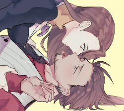 1boy 1girl ace_attorney bad_id bad_pixiv_id black_suit catuoon diego_armando ear_piercing grey_vest kiss mia_fey phoenix_wright:_ace_attorney_-_trials_and_tribulations piercing red_shirt scarf shirt suit vest yellow_scarf