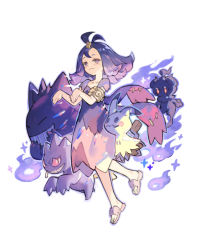 1girl acerola_(pokemon) armlet banette blue_dress creatures_(company) dress fire flip-flops flipped_hair floating game_freak gen_1_pokemon gen_3_pokemon gen_7_pokemon gengar ghost_pose grey_dress hair_ornament hairclip jewelry legendary_pokemon looking_at_viewer marshadow marshadow_(gloom) medium_hair mimikyu multicolored_dress mythical_pokemon nintendo pokemon pokemon_sm purple_fire purple_hair sandals short_sleeves smile starshadowmagician toes torn_clothes torn_dress