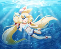 Rule 34 | 1girl, :d, ahoge, air bubble, animal ear fluff, animal ears, artist name, barefoot, bikini, bikini under shorts, blonde hair, blue eyes, blue hair, blue nails, bubble, cat ears, caustics, commentary, english commentary, fangs, fins, fish, fish tail, flat chest, freediving, frilled bikini top, full body, highres, indie virtual youtuber, kipaki, lifebuoy anklet, lifebuoy hair ornament, light rays, long hair, looking at viewer, low twintails, midriff, multicolored hair, nail polish, navel, ocean, one side up, open clothes, open fly, open mouth, open shorts, sameko saba, school of fish, scrunchie, shorts, side-tie bikini bottom, smile, solo, streaked hair, submerged, swimsuit, tail, toenail polish, toenails, twintails, underwater, very long hair, virtual youtuber, wrist scrunchie