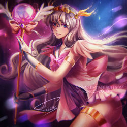 1girl armlet axsen bishoujo_senshi_sailor_moon blue_eyes blue_sailor_collar cosplay female_focus forehead_jewel gloves jewelry lady_amalthea legband long_hair microskirt parted_lips pink_lips sailor_collar sailor_senshi sailor_senshi_(cosplay) signature silver_hair skirt smile solo sparkle staff the_last_unicorn tiara vignetting watermark web_address white_gloves
