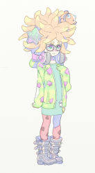 1girl animal animal_print annie_(splatoon) belt black_boots blonde_hair blush boots clownfish colored_eyelashes enkyo_yuuichirou female_focus fish freckles full_body gradient_hair green_eyes green_shirt hair_ornament headphones headphones_around_neck hood hood_down hooded_jacket jacket long_sleeves looking_up moe_(splatoon) multicolored_hair nintendo open_clothes open_jacket open_mouth orange_hair orange_pantyhose pantyhose shirt short_hair silver_background skull sleeves_past_wrists solo splatoon_(series) splatoon_1 squid squid_print standing star_(symbol) star_hair_ornament starfish tentacle_hair