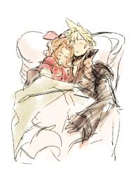 1boy 1girl aerith_gainsborough arm_around_back black_gloves black_vest blonde_hair brown_hair closed_eyes cloud_strife couple final_fantasy final_fantasy_vii final_fantasy_vii_advent_children final_fantasy_vii_rebirth final_fantasy_vii_remake gloves hair_ribbon hetero jacket long_hair mmariesr parted_lips pink_ribbon red_jacket ribbon short_hair short_sleeves single_sleeve sketch sleeping vest white_background