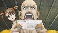 1boy 1girl :o apron aqua_eyes bald beard blouse brown_hair constricted_pupils dress facial_hair father_and_daughter fingernails from_below game_cg green_apron green_eyes hair_between_eyes hair_tie highres holding_bill huke indoors looking_at_bill muscular muscular_male nervous_sweating non-web_source official_art open_mouth pinafore_dress pink_dress purple_shirt ringed_eyes shirt short_twintails shouting sidelocks sleeveless sleeveless_dress square_pupils standing steins;gate steins;gate:_linear_bounded_phenogram surprised sweat teeth tennouji_nae tennouji_yuugo tongue twintails wooden_ceiling yellow_shirt