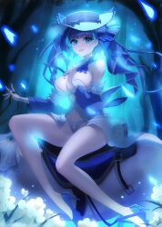 1girl absurdres armpit_crease azur_lane bare_shoulders black_footwear black_hair blue_eyes blue_hair blue_nails blue_ribbon breasts cheshire_(azur_lane) cheshire_(the_cat_and_the_white_steed)_(azur_lane) dress flower forest hair_ribbon hand_fan hands_up hat high_heels highres holding holding_fan horse large_breasts looking_at_viewer manjuu_(azur_lane) multicolored_hair nature official_alternate_costume open_mouth panties revealing_clothes ribbon short_hair sitting streaked_hair underwear white_dress white_flower white_hat white_horse white_panties yijiufantexi