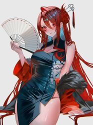 1girl alternate_costume arm_support bare_shoulders blue_hair breasts china_dress chinese_clothes cleavage cleavage_cutout clothing_cutout colored_inner_hair commentary cowboy_shot dress elizabeth_rose_bloodflame fingernails floral_print_dress folding_fan fur-trimmed_jacket fur_trim hair_between_eyes hair_ornament hair_stick halter_dress halterneck hand_fan high_collar highres holding holding_fan hololive hololive_english jacket jacket_partially_removed large_breasts light_blush lips long_hair looking_at_viewer mandarin_collar multicolored_hair open_clothes open_jacket paper_fan print_dress red_eyes red_hair sanya_(sanya_lox228) side_slit simple_background single_hair_intake sleeveless sleeveless_dress solo tassel thighs updo virtual_youtuber white_background