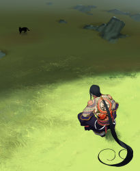 1boy back black_cat black_fur black_hair cat commentary commentary_request fate/grand_order fate_(series) flower_tattoo from_above full-body_tattoo full_body gauntlets grass long_hair looking_at_another male_focus pants ponytail shadow sitting solo stone tansaninryou tattoo tattoo_text topless_male very_long_hair yan_qing_(fate)