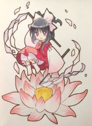 Rule 34 | 1girl, absurdres, black hair, bloomers, commentary request, detached sleeves, flower, gohei, hair ribbon, hakurei reimu, hakurei reimu (seihou), highres, holding, holding gohei, kaigen 1025, long sleeves, lotus, marker (medium), no shoes, pink flower, purple eyes, red skirt, red vest, ribbon, seihou, shuusou gyoku, simple background, skirt, sleeves past fingers, sleeves past wrists, socks, solo, traditional media, underwear, vest, white background, white ribbon, white sleeves, white socks