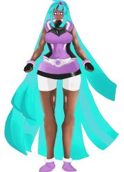 Rule 34 | absurdres, belt, black gloves, black jacket, black skin, bliss (ppg), blue hair, breasts, colored skin, gloves, highres, jacket, large breasts, non-web source, powerpuff girls z, powerpunk girls, purple eyes, purple shorts, shorts, white belt, wide hips