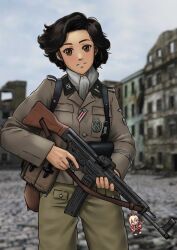 1girl assault_rifle black_hair brown_eyes charm_(object) gun highres holding holding_weapon mardjan military military_uniform power_(chainsaw_man) rifle solo stg44 waffen-ss wavy_hair weapon