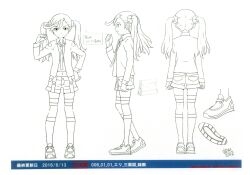 1girl 2016 absurdres ahoge reference_sheet dated digimon digimon_universe:_appli_monsters female_focus full_body highres karan_eri monochrome multiple_views navel necktie official_art scan shoes smile standing thighhighs twintails
