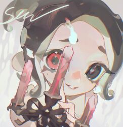 1girl absurdres acuteghost black_eyes black_hair candle candlestand commentary_request fingernails grin heart heart-shaped_pupils heterochromia highres holding holding_candlestand looking_at_viewer mismatched_pupils mole mole_under_eye nintendo octoling octoling_girl octoling_player_character parted_bangs portrait red_eyes sharp_fingernails short_hair smile solo splatoon_(series) symbol-shaped_pupils tentacle_hair