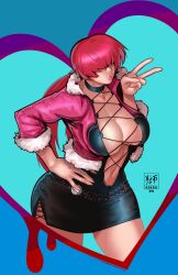 1girl absingh breasts cleavage_cutout clothing_cutout curvy dress female_focus fishnets fluffy hand_on_own_hip hand_up heart huge_breasts jacket large_breasts latex leather long_hair no_bra pale_skin ponytail red_hair shermie_(kof) shiny_clothes shiny_skin skirt standing the_king_of_fighters thick_lips thick_thighs thighs tight_clothes tight_dress twintails wide_hips