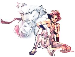 1boy 1girl absurdres bandana bare_shoulders boots breasts cleavage desert_eagle flipped_hair full_body gun hand_on_ground handgun headband highres holding holding_gun holding_weapon holster knee_pads medium_breasts meryl_silverburgh metal_gear_(series) metal_gear_solid official_art red_hair shinkawa_youji short_hair sitting smile solid_snake solo tank_top trigger_discipline weapon