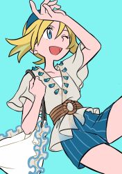 1girl ;d alternate_costume arm_up blonde_hair blue_background blue_eyes blue_hairband blue_shorts collarbone commentary elizabeth_(tomas21) eyelashes hairband hand_up happy highres holding_strap irida_(pokemon) nintendo one_eye_closed open_mouth pokemon pokemon_legends:_arceus shirt shorts simple_background smile solo striped_clothes striped_shorts tongue vertical-striped_clothes vertical-striped_shorts
