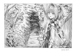 Rule 34 | 1girl, :d, apron, ashi (dongshi389), bell, blush, border, checkered clothes, checkered kimono, commentary request, dated, greyscale, hair bell, hair ornament, highres, japanese clothes, jingle bell, kimono, looking at viewer, looking back, monochrome, motoori kosuzu, open mouth, short hair, skirt, smile, solo, touhou, traditional media, tree, twintails, two side up, white border