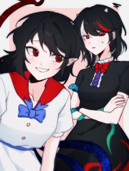 2girls asymmetrical_wings belt black_hair blue_belt blue_bow blue_bowtie blush border bow bowtie buttons collarbone commentary_request cosplay costume_switch cowboy_shot crossed_arms dress frills hair_between_eyes highres horns houjuu_nue houjuu_nue_(cosplay) kijin_seija kijin_seija_(cosplay) korean_commentary looking_at_another looking_at_viewer medium_hair multicolored_hair multiple_girls open_mouth outside_border pink_background pointy_ears puffy_short_sleeves puffy_sleeves red_bow red_bowtie red_eyes red_hair sailor_collar seijamom short_hair short_sleeves simple_background smile snake squiggle standing sweatdrop teeth tomoe_(symbol) touhou white_border white_dress white_hair wings