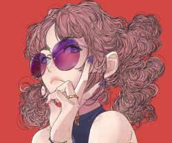 Rule 34 | 1girl, bare shoulders, black shirt, black sleeves, blue eyes, bracelet, bright pupils, chain, closed mouth, detached sleeves, earrings, elliemaplefox, gradient eyes, hair ornament, hair scrunchie, hand on own face, highres, jewelry, lips, long hair, looking to the side, multicolored eyes, necklace, off shoulder, original, pink eyes, pink hair, portrait, purple-tinted eyewear, purple nails, red background, ring, round eyewear, scrunchie, shirt, simple background, solo, stud earrings, sunglasses, tinted eyewear, twintails, white pupils