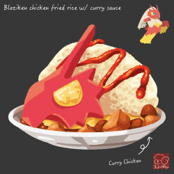 arrow_(symbol) artist_logo artist_name blaziken character-themed_food character_name curry food food_focus food_name fried_rice gen_3_pokemon grey_background highres logo nintendo no_humans plate pokemon pokemon_(creature) sauce simple_background yuki00yo