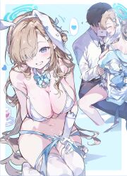 0202ase 1boy 1girl absurdres animal_ear_hairband animal_ears asuna_(blue_archive) bikini bikini_top_only blonde_hair blue_archive blue_bow blue_bowtie blue_eyes blue_halo blue_ribbon blush border bottomless bow bowtie breasts cleavage closed_eyes commentary detached_collar fake_animal_ears gloves hair_over_one_eye hairband halo heart highres large_breasts long_hair looking_at_viewer mole mole_on_breast open_mouth rabbit_ears ribbon sensei_(blue_archive) smile spoken_heart strap_slip swimsuit symbol-only_commentary thighhighs very_long_hair white_bikini white_border white_gloves white_thighhighs