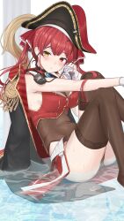 1girl anchor_symbol arrow_through_heart bare_shoulders belt bicorne black_choker black_coat black_hat black_panties black_thighhighs blush breasts brooch brown_belt choker cleavage coat coat_on_shoulders covered_navel crop_top cropped_vest eyepatch frilled_choker frills hair_between_eyes hair_ribbon hat hat_feather heterochromia highres hololive houshou_marine houshou_marine_(1st_costume) jewelry lace lace-trimmed_legwear lace_trim large_breasts leotard leotard_under_clothes long_hair looking_at_viewer miniskirt panties parted_lips pirate pirate_hat pleated_skirt print_eyepatch print_headwear red_eyes red_hair red_ribbon red_shirt red_skirt red_vest ribbon see-through_clothes see-through_leotard shirt skirt solo thighhighs tojo_aoi twintails underwear unworn_eyepatch vest virtual_youtuber wet yellow_eyes