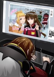 Rule 34 | 2boys, 2girls, blonde hair, brown hair, computer keyboard, gloves, gundam, gundam seed, gundam seed freedom, highres, jacket, long hair, long sleeves, mikami xsx, military, military uniform, monitor, multiple boys, multiple girls, one eye closed, purple eyes, shiho hahnenfuss, shirt, short hair, sleeping, smile, table, v, white hair, yellow eyes, yzak joule, zaft uniform, zzz