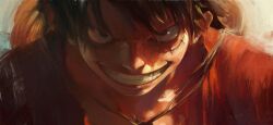 1boy black_hair brush_stroke clenched_teeth close-up facial_scar faux_traditional_media grin hashtag-only_commentary hat hat_on_back highres looking_at_viewer male_focus monkey_d._luffy one_piece painterly portrait red_shirt scar scar_on_cheek scar_on_face serious shirt short_hair smile solo straw_hat teeth whitehogiii