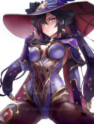 1girl black_gloves black_hair blush breasts cameltoe capelet closed_mouth commentary detached_sleeves earrings english_commentary from_below genshin_impact gloves green_eyes hair_between_eyes hair_ribbon hand_on_own_chest hand_up hat jewelry leotard lips long_hair looking_at_viewer looking_down medium_breasts mona_(genshin_impact) pantyhose purple_hair purple_leotard ribbon solo sparkle_hair_ornament sparkle_print spykeee thighlet twitter_username watermark web_address white_background witch_hat