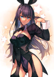 1girl animal_ear_hairband animal_ears black_bow black_bowtie black_hair black_jacket black_leotard black_nails blue_eyes bow bowtie breasts cleavage commentary cosplay cowboy_shot detached_collar fake_animal_ears fingernails hairband hand_in_own_hair highleg highleg_leotard hinoru_saikusa izayoi_arisa jacket kitagawa_marin large_breasts leotard long_hair long_sleeves looking_at_viewer playboy_bunny rabbit_ear_hairband rabbit_ears sharp_fingernails solo sono_bisque_doll_wa_koi_wo_suru standing star_(symbol) very_long_fingernails very_long_hair wrist_cuffs