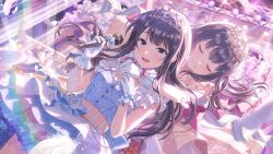 2girls black_hair blue_eyes bow closed_eyes crown dress feathers floral_print game_cg ghost gloves highres holding holding_microphone hug hug_from_behind idoly_pride long_hair microphone multiple_girls nagase_kotono nagase_mana non-web_source official_art rainbow ribbon siblings sisters skirt stage stage_lights
