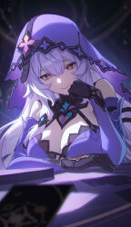 1girl absurdres bare_shoulders black_gloves black_swan_(honkai:_star_rail) breasts card cheek_rest cleavage detached_sleeves gloves highres honkai:_star_rail honkai_(series) large_breasts long_hair looking_at_viewer purple_hair purple_veil shali smile solo tarot tarot_card upper_body veil