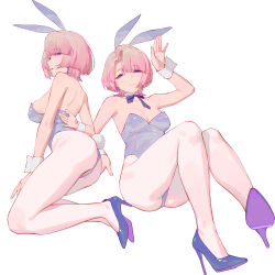 1girl absurdres arimura_mao blue_bow blue_bowtie blue_leotard bow bowtie breasts detached_collar gakuen_idolmaster high_heels highres idolmaster leotard long_hair medium_breasts multiple_views pantyhose pink_hair playboy_bunny purple_eyes ren_huozhe solo white_background white_pantyhose wrist_cuffs