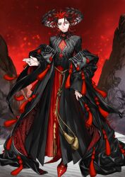 1boy bad_source belt black_hair boots brown_boots coat curly_hair dante_alighieri_(fate) duplicate facing_viewer fate_(series) grey_eyes looking_at_viewer multicolored_hair red_hair red_nails red_sky rock shirahama_kamome sky solo standing streaked_hair