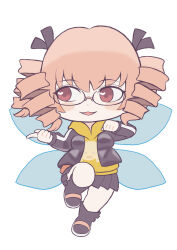 1girl black-framed_eyewear black_boots black_jacket black_skirt blush boots brown_hair chibi chibi_only commentary_request cookie_(touhou) drill_hair fairy_wings full_body glasses heart heart_in_eye highres hood hood_down hoodie jacket looking_to_the_side luna_child miniskirt open_clothes open_jacket open_mouth pleated_skirt red_eyes riran_youkyu simple_background skirt smile solo symbol_in_eye touhou tsuzuchii white_background wings yellow_hoodie
