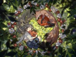 1girl 530971632 animal blonde_hair blue_skirt blurry closed_eyes closed_mouth commentary_request dappled_sunlight depth_of_field flower food fox from_above from_side fruit grass highres holding holding_food holding_fruit leaf loli long_hair lying on_side original outdoors pleated_skirt pointy_ears procreate_(medium) shirt short_sleeves skirt smile solo strawberry summer sunlight timestamp very_long_hair white_flower white_shirt wide_shot wildberry