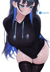 Rule 34 | 1girl, alternate costume, black hair, black sweater, black thighhighs, blue eyes, blue hair, blush, bottomless, breasts, closed mouth, colored inner hair, commentary, covering privates, cowboy shot, english commentary, hair between eyes, hair over shoulder, highres, hololive, hololive english, large breasts, long hair, long sleeves, looking to the side, miychi, multicolored hair, ouro kronii, shirt, simple background, solo, sweatdrop, sweater, thighhighs, thighs, twitter username, twitter x logo, two-tone hair, white background, wide hips