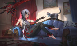 1girl absurdres arlecchino_(genshin_impact) barefoot black_eyes cat crossed_legs dagahaz feet genshin_impact grey_hair highres long_hair multicolored_hair symbol-shaped_pupils toes two-tone_hair x-shaped_pupils
