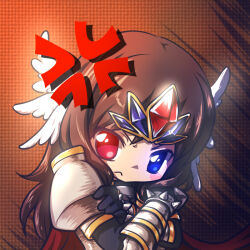 1girl anger_vein armor black_gloves blue_eyes blush_stickers brown_background brown_hair closed_mouth commentary_request crossed_arms feathered_wings frown gloves head_wings heterochromia long_hair looking_at_viewer lord_knight_(ragnarok_online) miesa pauldrons ragnarok_online red_eyes shoulder_armor solo spiked_gauntlets upper_body white_wings wings
