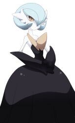 alternate_color black_dress black_gloves blue_hair bob_cut colored_skin commentary dress elbow_gloves english_commentary gardevoir gen_3_pokemon gloves hair_over_one_eye highres mega_gardevoir mega_pokemon mmmegh nintendo orange_eyes pokemon pokemon_(creature) shiny_pokemon strapless strapless_dress white_skin