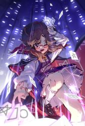 1girl arm_up between_fingers black_hat blurry blurry_foreground blush brown_hair building buttons cape card collared_cape commentary floating_hair foot_out_of_frame foreshortening hat high_collar highres holding holding_card kneehighs loafers long_sleeves looking_at_viewer low_twintails one_eye_closed open_mouth outdoors pentagram plaid_clothes plaid_skirt plaid_vest pleated_skirt puffy_long_sleeves puffy_sleeves purple_eyes purple_skirt purple_vest red-framed_eyewear runes semi-rimless_eyewear shirt shoes short_twintails shouxishao_jiuyuan skirt skirt_set smile socks solo sparkle teeth touhou twintails two-sided_cape two-sided_fabric under-rim_eyewear upper_teeth_only urban_legend_in_limbo usami_sumireko vest white_shirt white_socks