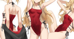 Rule 34 | 1girl, alternate hairstyle, armpits, arms up, black jacket, blonde hair, breasts, closed mouth, commentary, covered navel, cowboy shot, eyes out of frame, fate (series), fluffy hair, grin, hair down, head out of frame, highres, jacket, jacket partially removed, long hair, medium breasts, mordred (fate), mordred (fate/apocrypha), multiple views, one-piece swimsuit, reclining, red one-piece swimsuit, side-tie one-piece swimsuit, sideless outfit, sideless swimsuit, simple background, smile, standing, strap slip, swimsuit, symbol-only commentary, tonee, white background