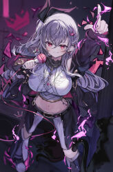 1girl black_bow black_cat black_jacket black_pants bow breasts cat cropped_shirt detached_pants double-parted_bangs earclip grey_hair grin haidollo hair_between_eyes hair_bow high_collar highres holding holding_microphone hololive hololive_dev_is isaki_riona jacket large_breasts legs_apart long_hair microphone midriff navel one_side_up outstretched_arm pants pointing pointing_up red_eyes shirt sidelocks sleeveless sleeveless_shirt smile solo two-tone_pants virtual_youtuber white_pants white_shirt