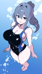 1girl alternate_costume black_one-piece_swimsuit blue_eyes blue_hair breasts competition_swimsuit diving freediving gotland_(kancolle) hair_between_eyes highres holding_breath kantai_collection large_breasts long_hair looking_at_viewer mole mole_under_eye one-piece_swimsuit school_swimsuit smile solo swimming swimsuit unagiman underwater