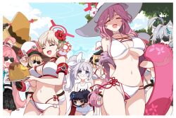 6+girls alternate_costume alternate_hairstyle armband bikini blue_archive breasts character_request cherino_(blue_archive) cherino_(hot_spring)_(blue_archive) cleavage closed_eyes collarbone flower hair_flower hair_ornament halo hat highres holding holding_plate hoshino_(blue_archive) ideolo large_breasts long_hair marina_(blue_archive) multiple_girls navel o-ring o-ring_bikini official_alternate_costume pink_hair plate red_armband shiroko_(blue_archive) short_hair sideboob souvenir_doll_(blue_archive) stomach sunglasses swimsuit tomoe_(blue_archive) underboob