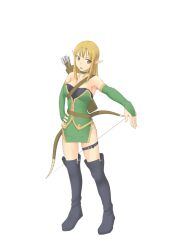 1girl arrow_(projectile) black_boots black_tube_top blonde_hair bmp-to-png_conversion boots bow_(weapon) breasts brown_eyes choker claudia_(mon-musu_quest!) collarbone elf full_body game_cg green_bridal_gauntlets green_choker green_tunic hand_on_own_hip ishinoyari large_breasts long_hair looking_to_the_side mon-musu_quest! non-web_source open_mouth outstretched_arm pointy_ears quiver simple_background solo standing strapless thigh_boots thigh_strap transparent_background tube_top tunic weapon weapon_strap