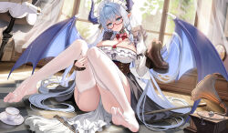 1girl absurdres ahoge black_dress blue_eyes blue_hair blue_horns blue_trim blue_wings blush boots bow bowtie breasts brown_boots brown_corset building character_request checkered_floor chinese_commentary cleavage collared_dress commentary_request commission corset cup curtains dragon_girl dragon_horns dragon_wings dress dress_flower dutch_angle feet flower frilled_dress frilled_hairband frills full_body gem glasses hair_between_eyes hair_spread_out hairband hand_on_own_thigh hand_up head_tilt highres holding holding_shoes holding_unworn_clothes horns indie_virtual_youtuber indoors knees_together_feet_apart knees_up large_breasts legs light_particles long_hair long_sleeves looking_at_viewer maid_headdress mop no_shoes on_floor on_ground phonograph picture_frame pink_gemstone plant plate platform_boots pointy_ears pouring red-framed_eyewear red_bow red_bowtie red_flower red_rose rose second-party_source semi-rimless_eyewear shoes single_sleeve_past_wrist sitting soles solo table teacup teapot thighhighs thighs toes unworn_boots unworn_shoes very_long_hair virtual_youtuber white_dress white_thighhighs window wings wooden_floor yijiufantexi